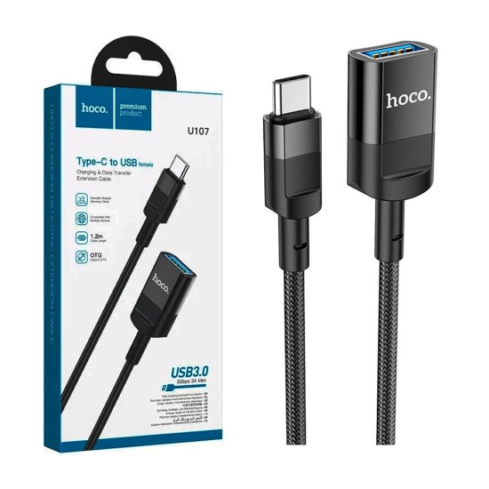 Hoco Charging Extension Cable U107 Type-C Male to USB3.0 Female 3A 1.2m Black